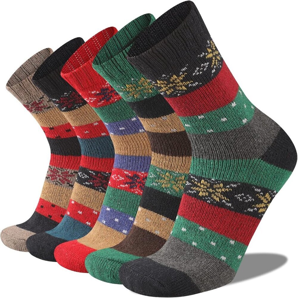 Mens Warm Wool Socks Thermal Winter Thick Crew Pattern Socks Cold Weather 5 Pair